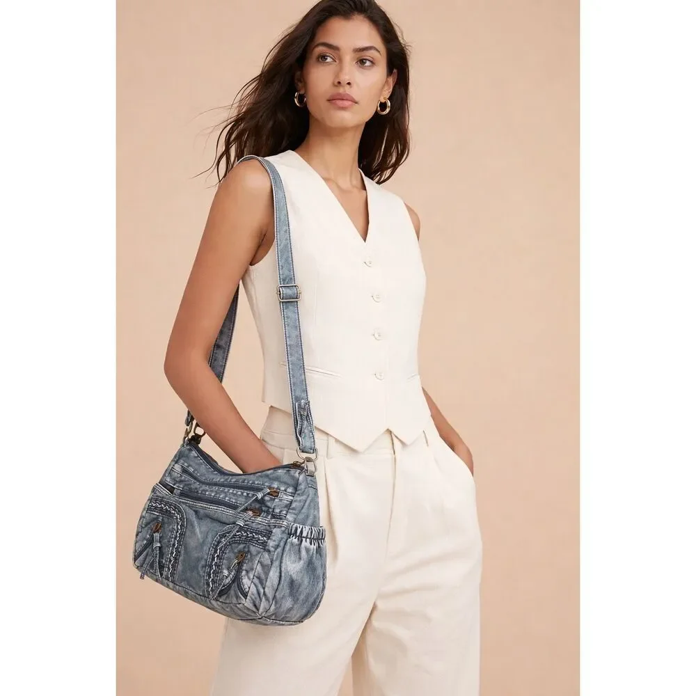 Boho Denim Look Crossbody faux leather bag